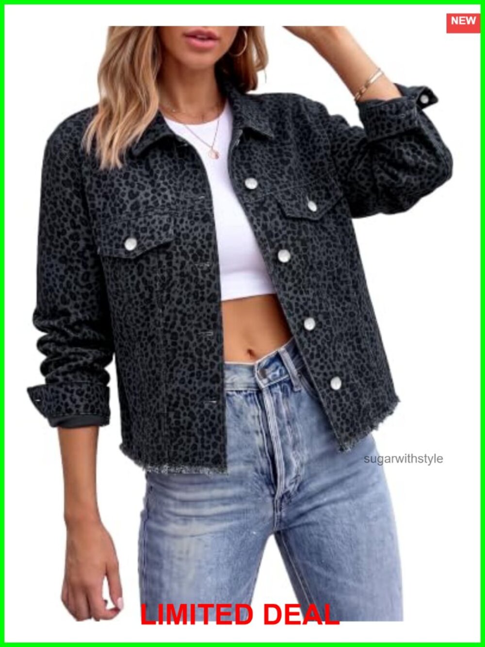 Leopard Print Denim Jean Jacket Frayed Hem Button Down